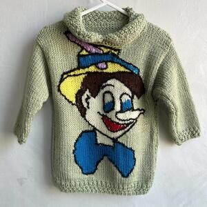 Vintage Disney Pinocchio Toddler Size 2T Green Pullover Sweater Knit Handmade